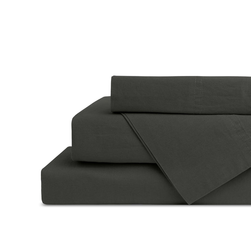 Washed Cotton Percale Queen Sheet Set, Charcoal, Deep Pocket, 4 Pieces Bed She