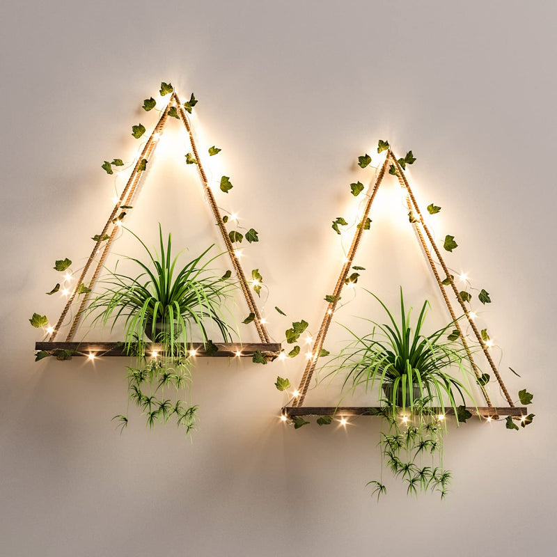 Artificial Ivy Led-Strip Wall Hanging Shelves Set Of 2, Macrame Shelf For Bedr