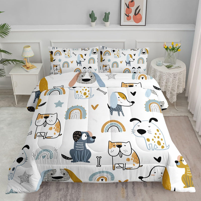 Kawaii Dogs Comforter Set Cute Dogs And Rainbow Printed Quilt Bedding Set With