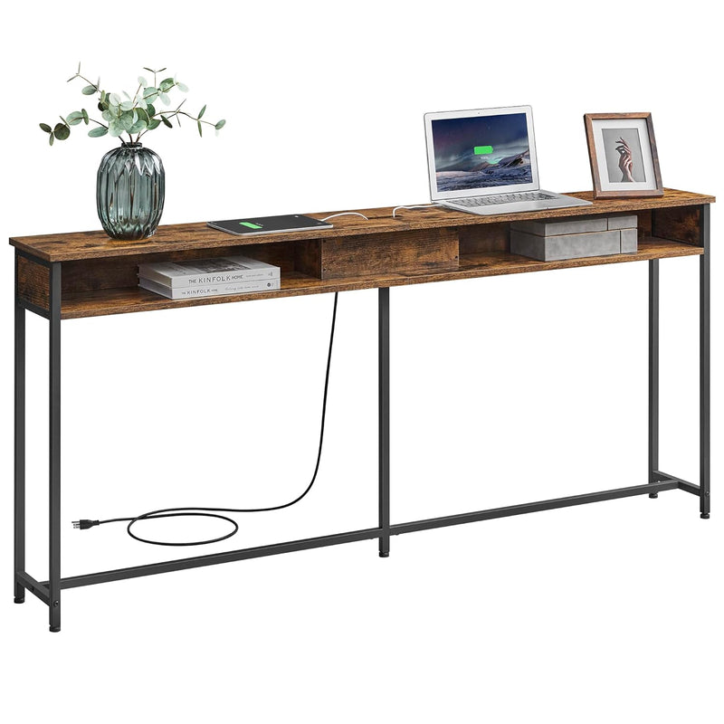 Narrow Console Table - 70.9 Inch Sofa Table With 2 Outlet And 2 Usb Ports, Lon