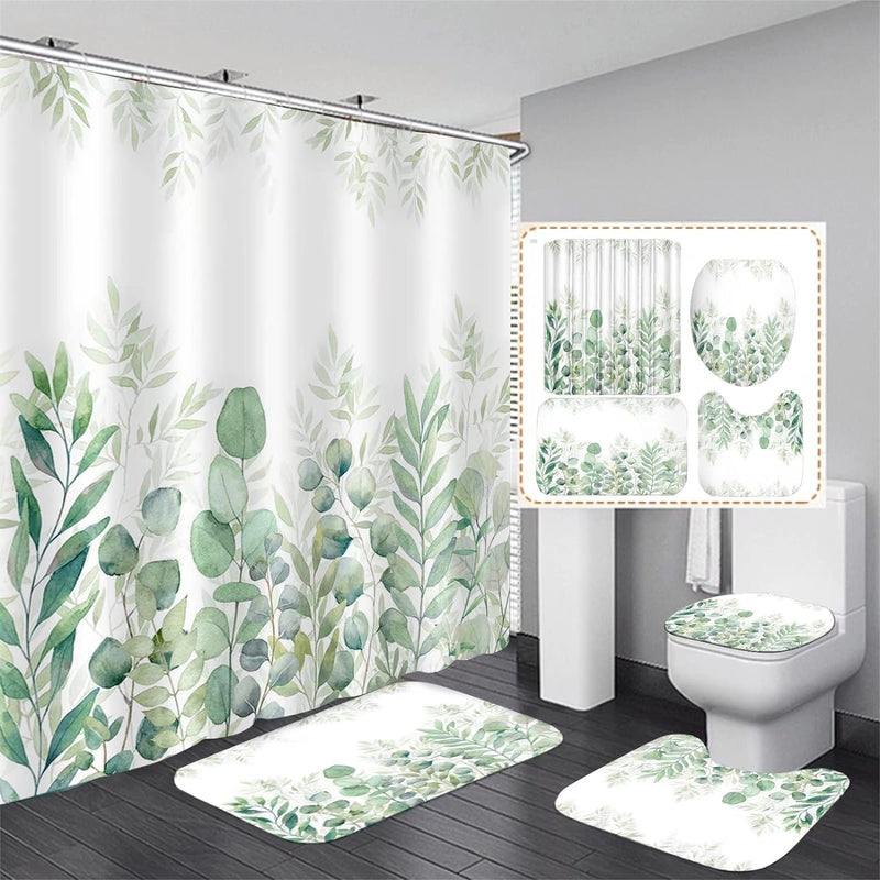 Green Leaves Shower Curtain Sets with Non-Slip Rug, Toilet Lid Cover and Bath Mat, Plant Leaves Shower Curtain Sets with 12 Hooks, Shower Curtain for Bathroom Set Decor