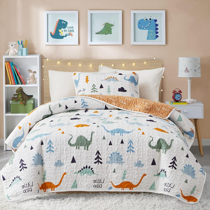 3-Piece Cotton Quilt Set Full/Queen, Cute Dinosaur Reversible Design For Kids