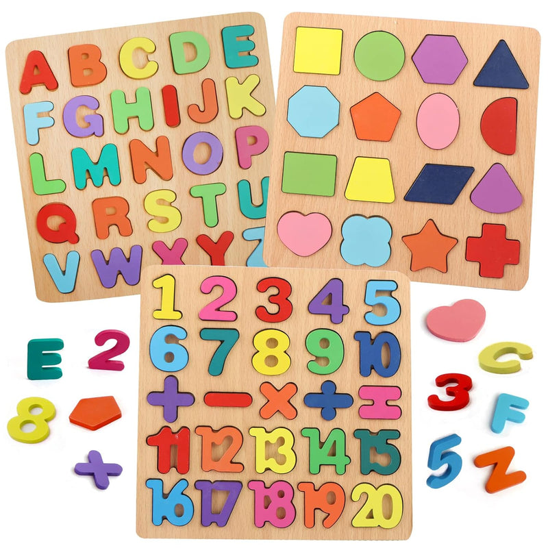 Puzzles For Toddlers, 3 Pack Wooden Abc Alphabet Number Shape Puzzles Toddl