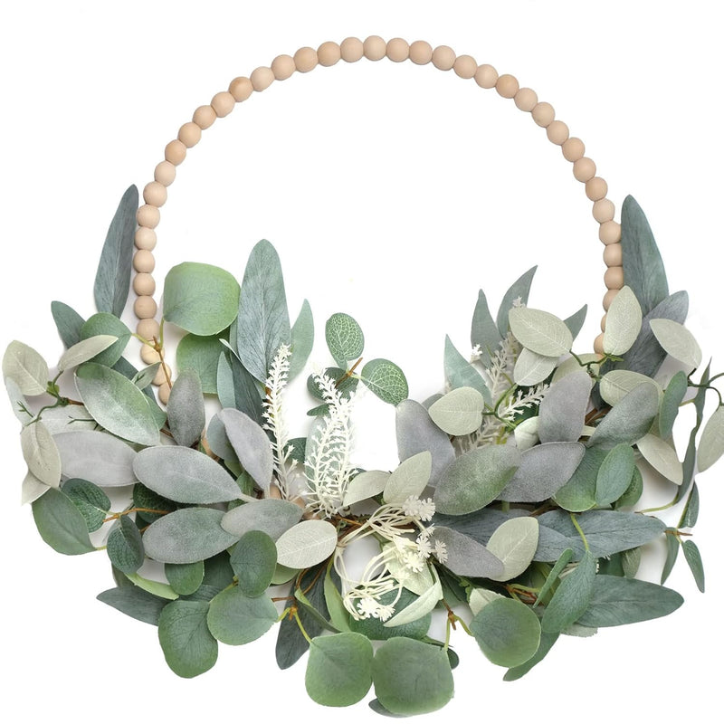 16" Wood Bead Eucalyptus Leaf Wreath Artificial Green Leaf Wreath Spring Summe