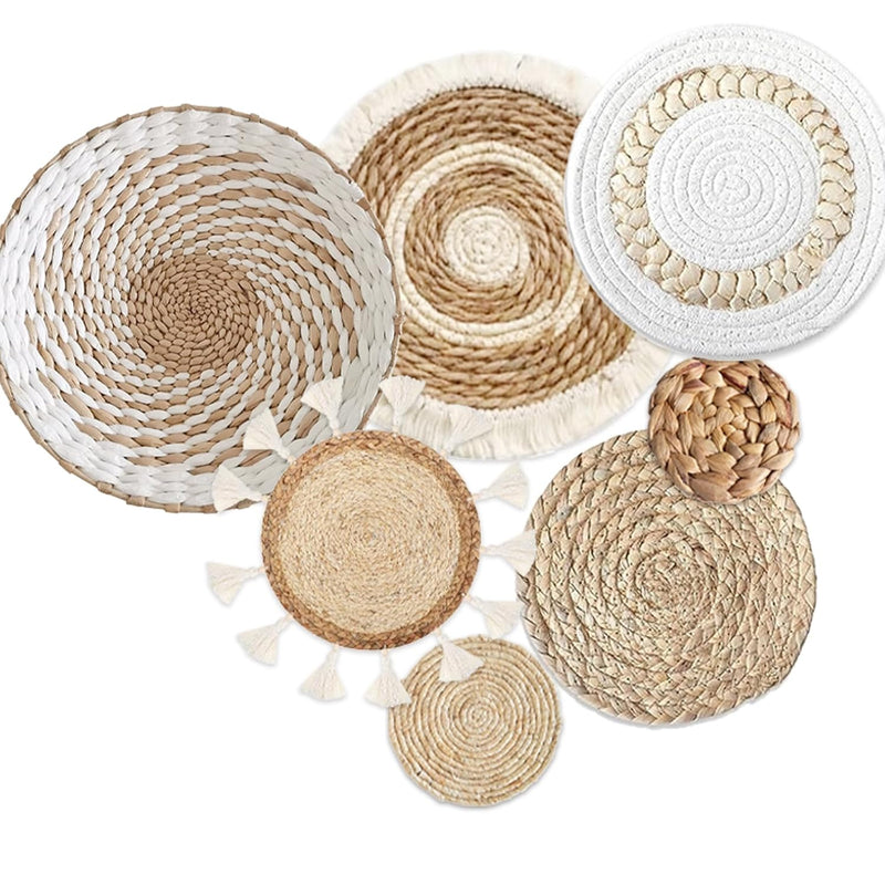 7 Pack Boho Wall Basket Decor - Seagrass Rattan Wicker Wall Decor Round Handma