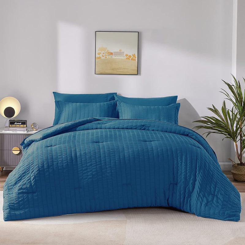 Full Seersucker Comforter Set With Sheets Teal Bed In A Bag 7-Pieces All Seaso