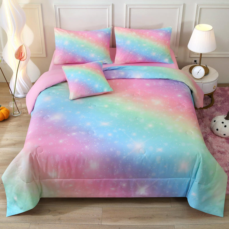 Glitter Bedding Set Twin Size,6 Piece Bed In A Bag 3D Colorful Rainbow Galaxy