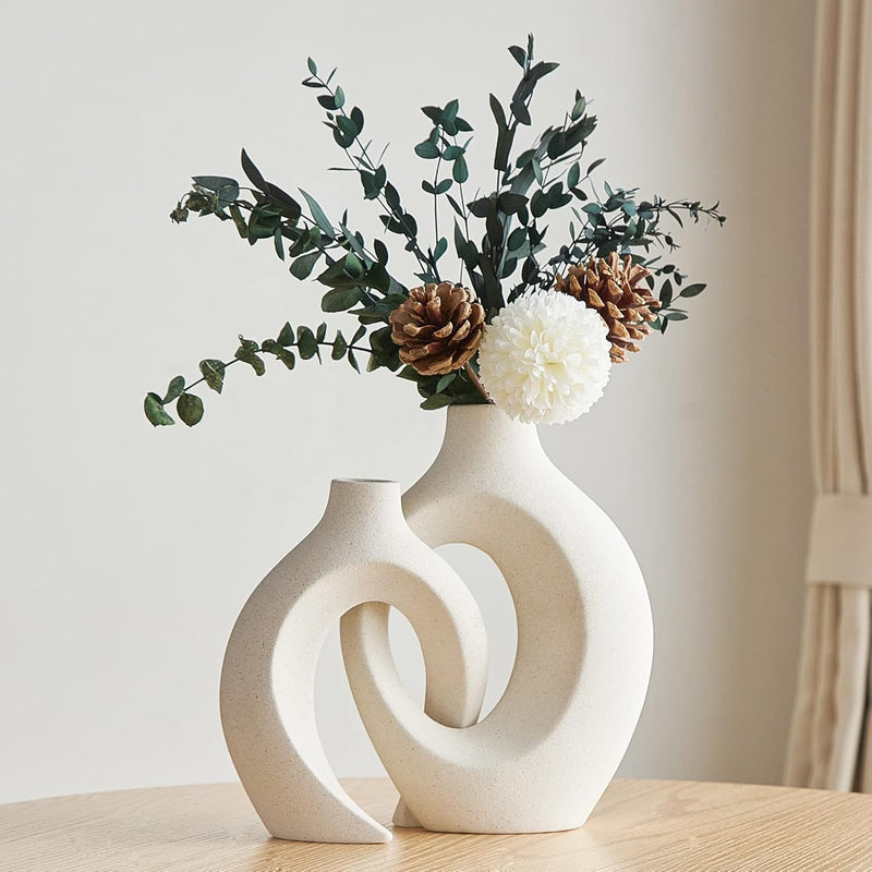 White Ceramic Vase Set Of 2 For Modern Home Decor, Round Boho Donut Vase For P