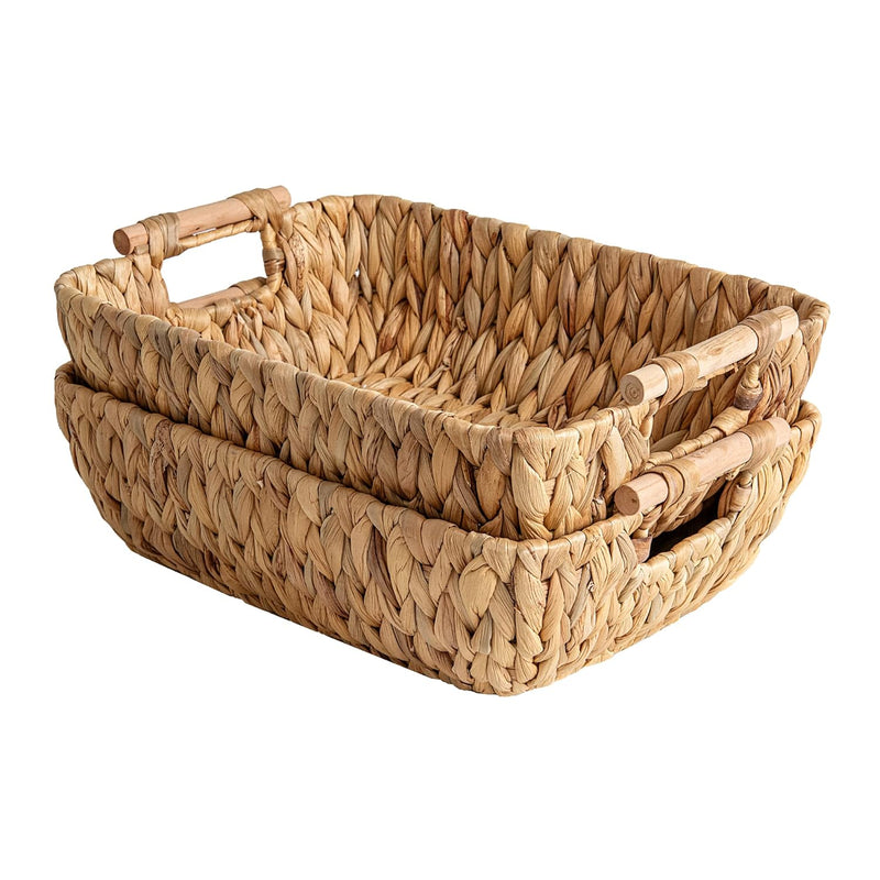Hand-Woven Large Storage Baskets With Wooden Handles, Water Hyacinth Wicker Bask