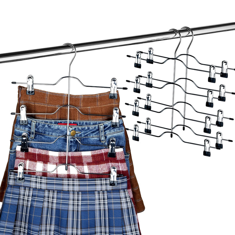 2 Pack Skirt Pants Hangers With Adjustable Clips - 4 Tier Chrome With Black Viny