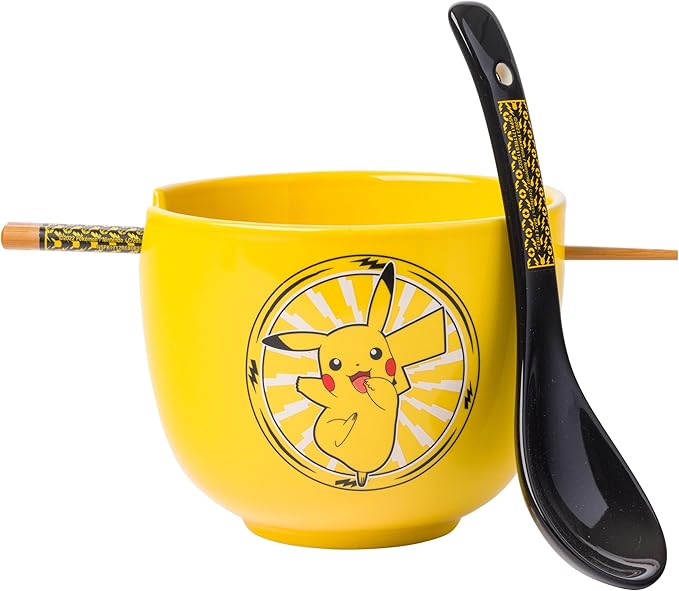 Pokemon Pikachu Electric Ceramic Ramen Noodle Rice Bowl with Chopsticks and Spoon, Microwave Safe, 20 Ounces