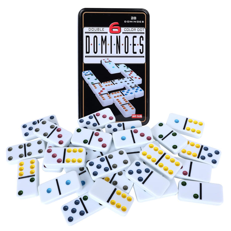 Double Six Dominoes, 28 Tile Colored Dots Domino Game Set With Tin Box, Cla