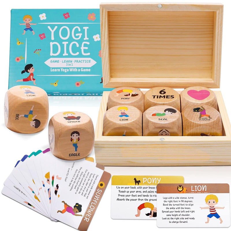 Kids Yoga Wooden Dice With Yoga Cards, Fun Exercise Dice For Kids Workout E
