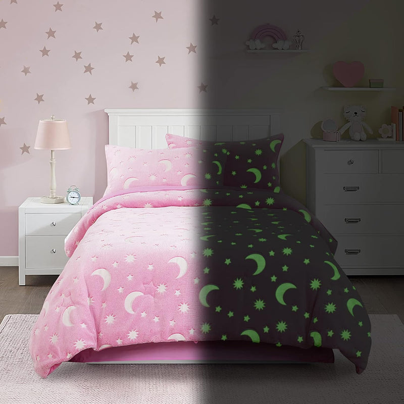 Glow In The Dark Comforter Set 7 Piece Full Size With Sheets, Pink Velvet Bedd