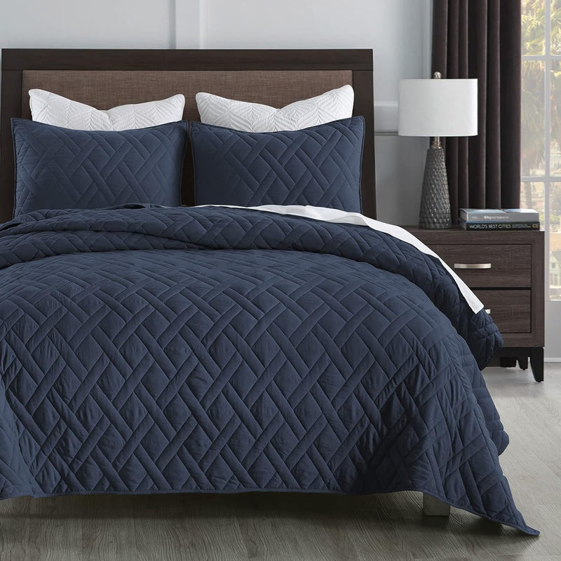 Quilt Set Twin Size Navy Blue, Classic Geometric Diamond Stitched Pattern, Ult