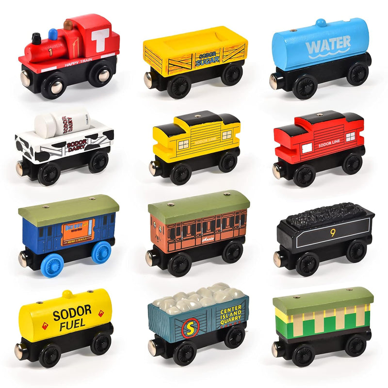 Atoylink 12Pcs Wooden Train Set Magnetic Train Toys for Toddlers Kids Engin