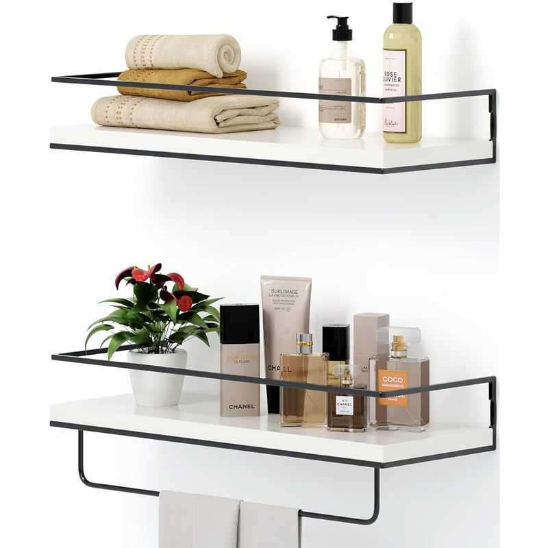 White Floating Shelves - Set Of 2, Wall Mounted Hanging Shelves With Black Tow