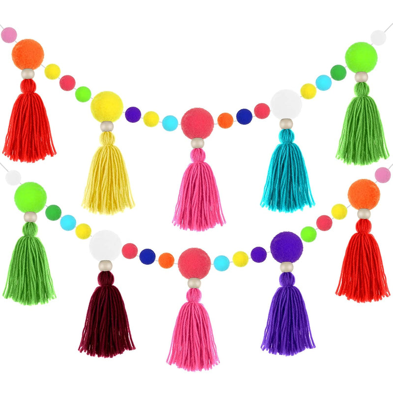 Rainbow Pom Pom Tassel Garland Banner Christmas Colorful Pompom Wall Hanging B