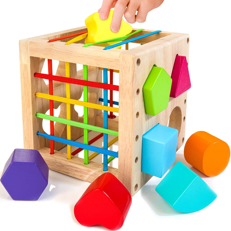 Montessori Toys For 1+ Year Old, Wooden Sorter Cube With 8Pcs Rattling Shap