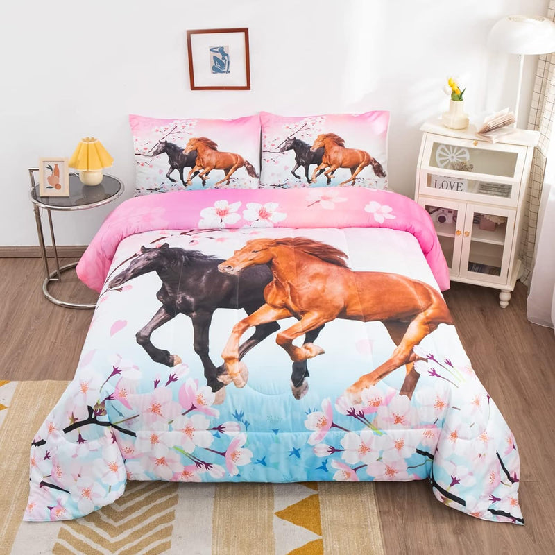 Kids Horse Bedding Set Chic Cherry Blossom Bedding Comforter Set For Girls Tee
