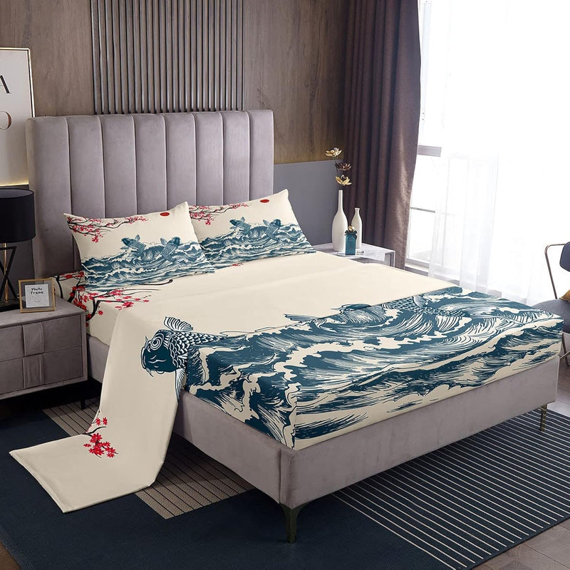 Waves Sheet Set Full,Koi Cherry Blossom Sunrise Bed Sheet 4Pcs With Deep Pocke