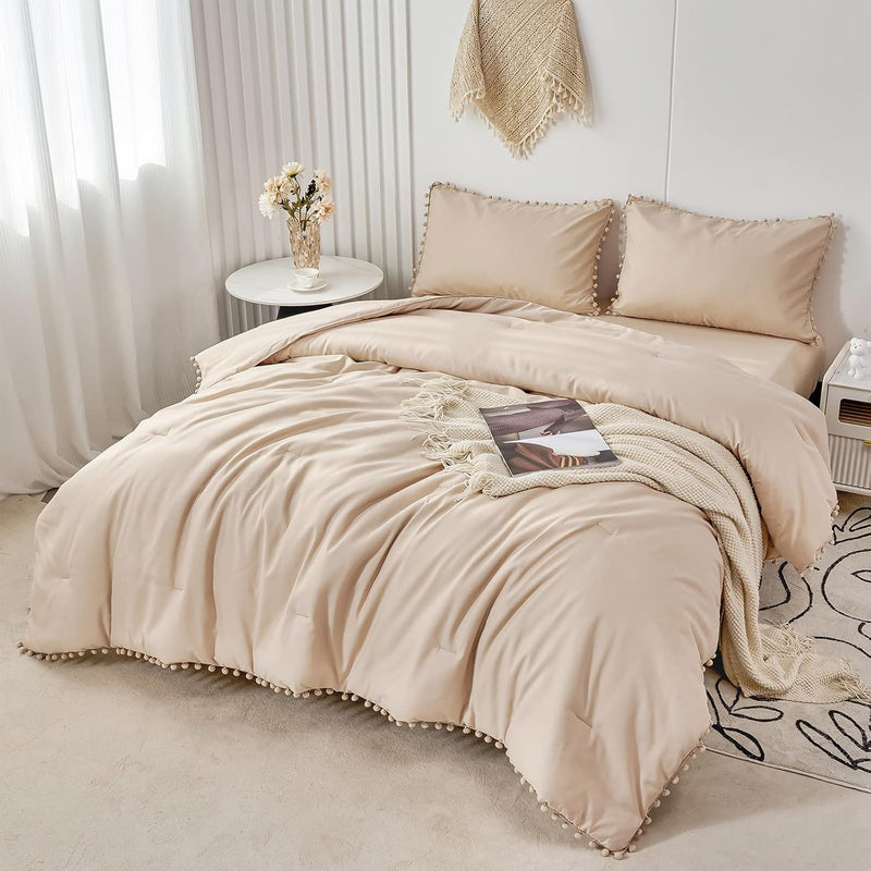 5 Pcs Khaki Pom Bed In A Bag Twin Size, Aesthetic Boho Solid Bedding Comforter