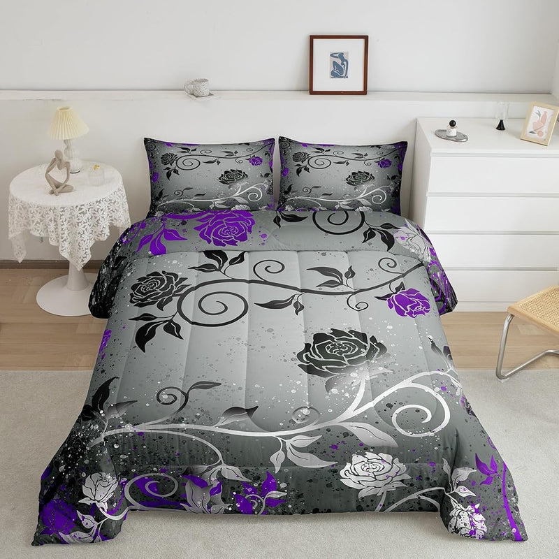 Grey Black Purple Comforter Set For Boys,Girls Modern Floral Rose Bed Set Bedd