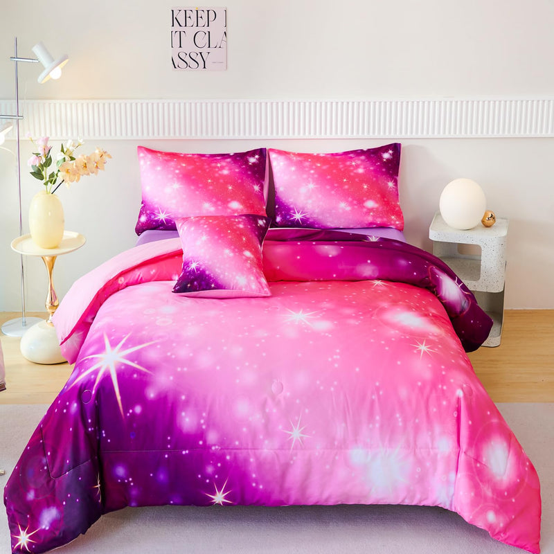 3D Colorful Rainbow Girls Full Comforter Set, 6 Pieces Ombre Purple Pink Const