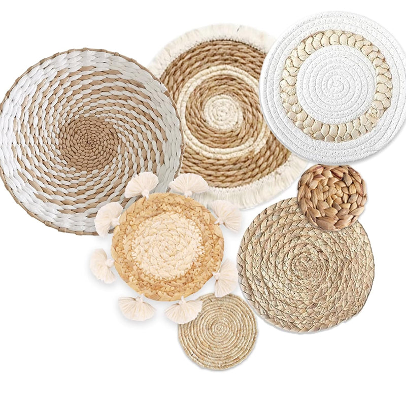 7 Pack Boho Wall Basket Decor - Seagrass Rattan Wicker Wall Decor Round Handmade Hanging Rustic Flat Elegant Wall Art for Farmhouse Living Rooms Bedrooms Display Table Settings Kitchen Home