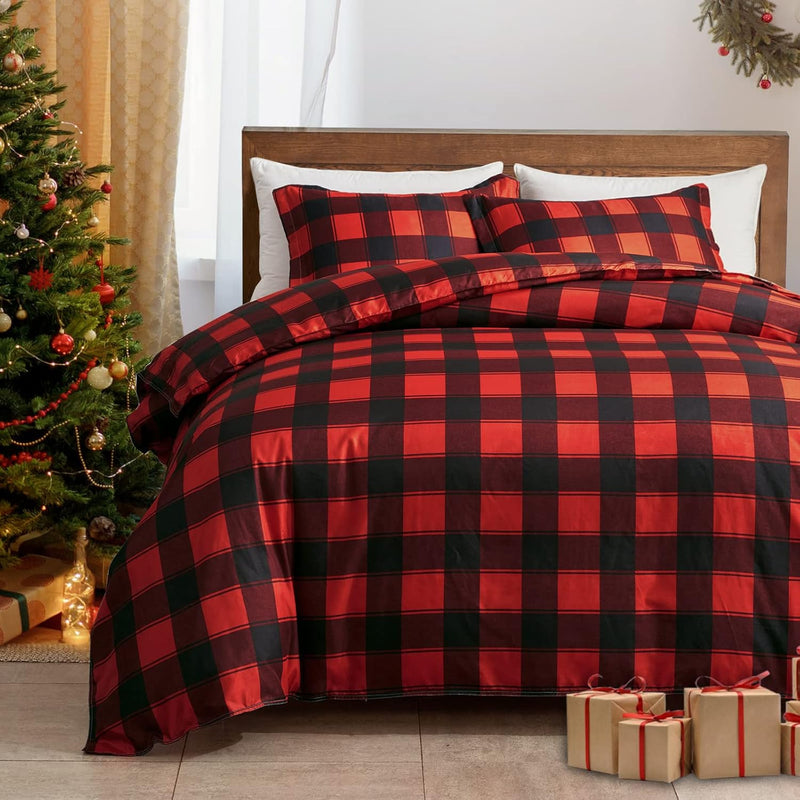Duvet Cover Set 3 Pieces Christmas Red And Black Plaid King Size - 800 Tc With