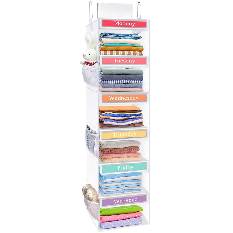 6-Shelf Weekly Hanging Closet Organizer For Kids With 6 Side Pockets Collapsible