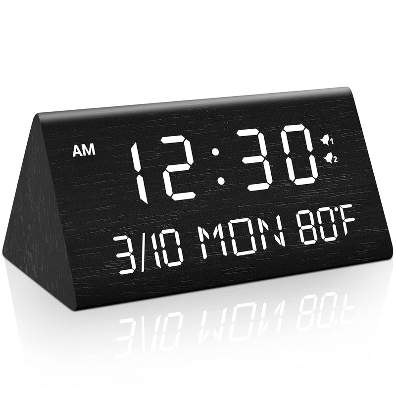 Wooden Digital Alarm Clock, 0-100% Dimmer, 2 Alarm Settings, Weekday/Everyday