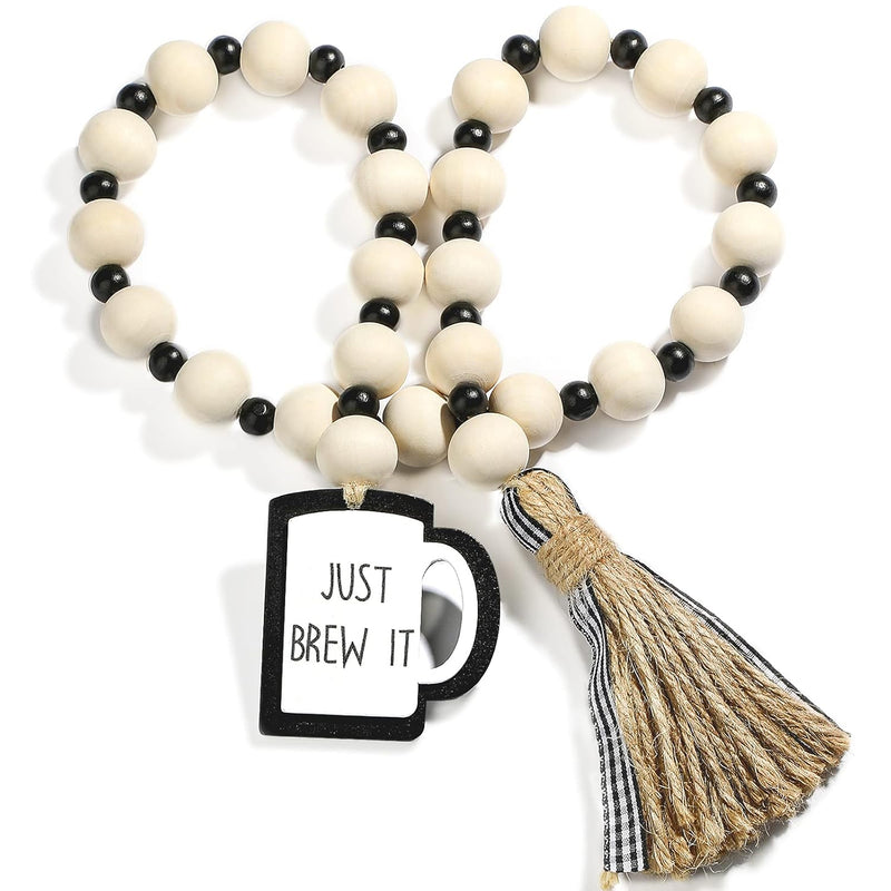 Coffee Wood Bead Garland With Tassel Coffee Bar Tiered Tray Decor Rustic Farmh