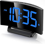 Digital Alarm Clock for Bedrooms with Modern Curved Design, Conspicuous Blue LED Numbers, 6 Levels Brightness, 2 Volume, 3 Alarm Tones, Snooze, Power-Off Memory, 12/24H, Bedside Clock