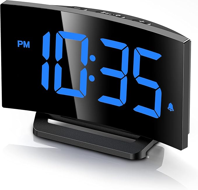 Digital Alarm Clock for Bedrooms with Modern Curved Design, Conspicuous Blue LED Numbers, 6 Levels Brightness, 2 Volume, 3 Alarm Tones, Snooze, Power-Off Memory, 12/24H, Bedside Clock
