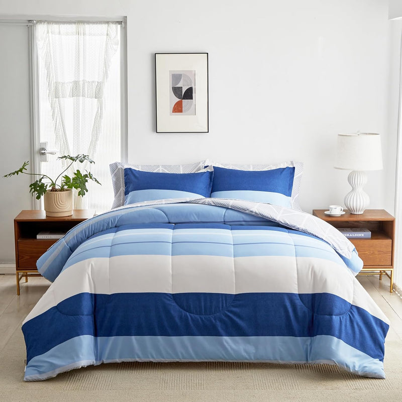 3Pcs Comforter Set King, Blue N Beige Stripes Reversible Design, Smooth Soft M