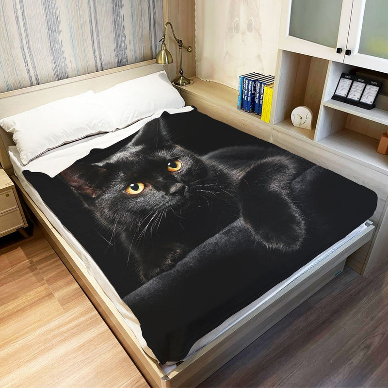 Black Cat Throw Blanket Modern Black Decorative Big Eyes Black Cat Fleece Blan