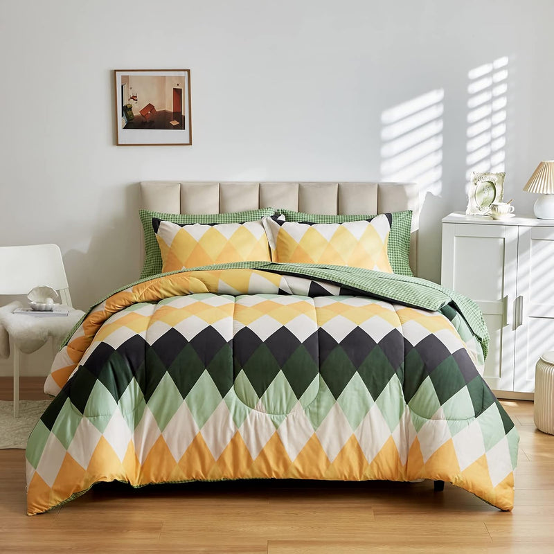 Rhombus Comforter Sheet Set 7 Pieces Bed In A Bag White Green Yellow Diamond Q
