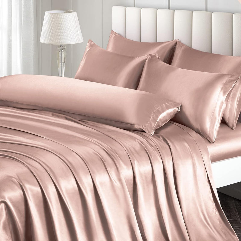 7 Pieces Satin Sheets Set Queen Size, Luxury Silky Champagne Satin Bed Sheets