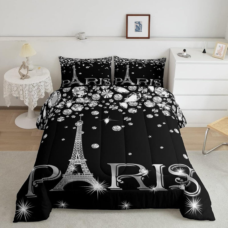 Eiffel Tower Comforter Set King,Paris Bedroom Comforter For Women,Black And Wh