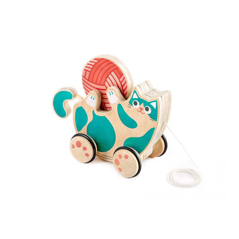 Hape Wooden Walk-A-Long Kitten Pull Toy| Roll & Rattle Push Pull Toy for To