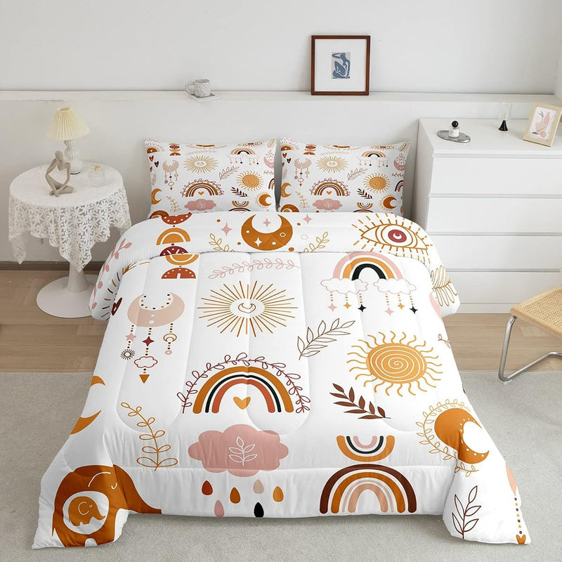 Boho Rainbow Bedding Set For Girls Full,Cute Bohemian Eyes Moon Sun Comforter