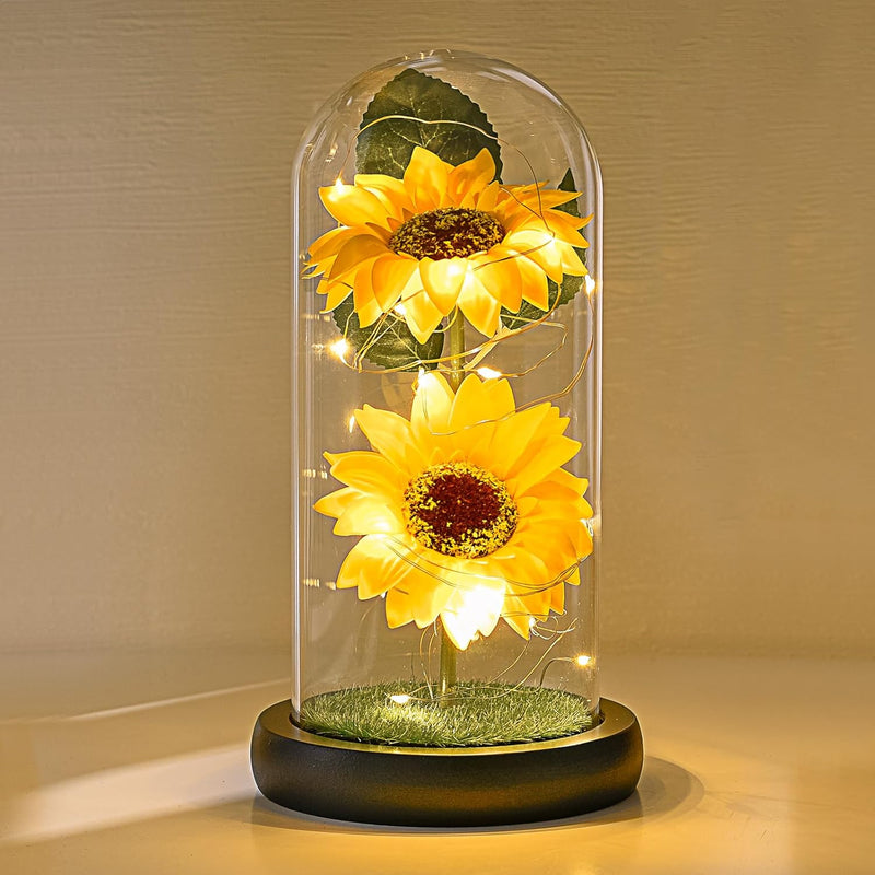 Sunflower Gifts For Women, Artificial Sunflowers In Glass Dome With Led Strip,