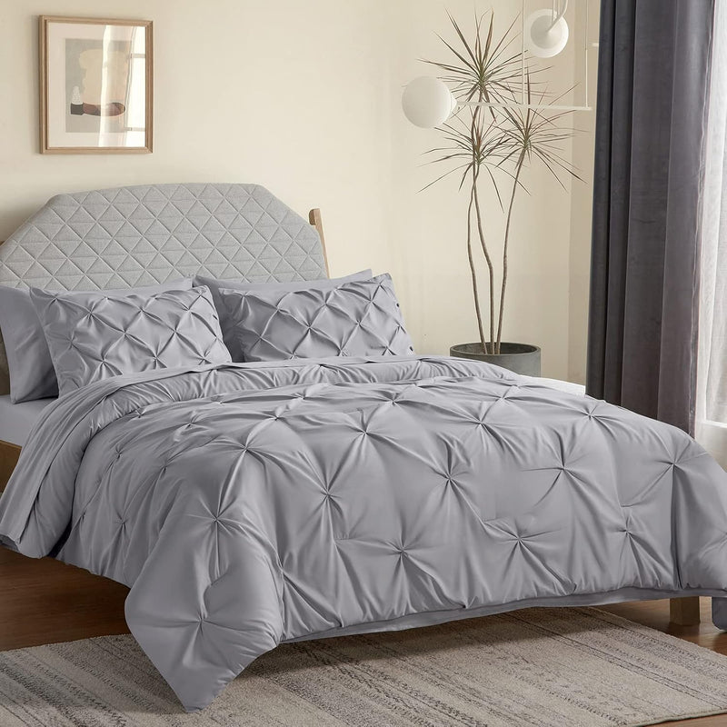 King Comforter Set Light Grey 7 Pieces Pintuck Bed In A Bag Complete Set Pinch