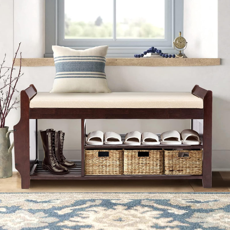 Large Shoe Bench Rack Shoe Organizer With Storage Side Basket Drawer Bamboo Re
