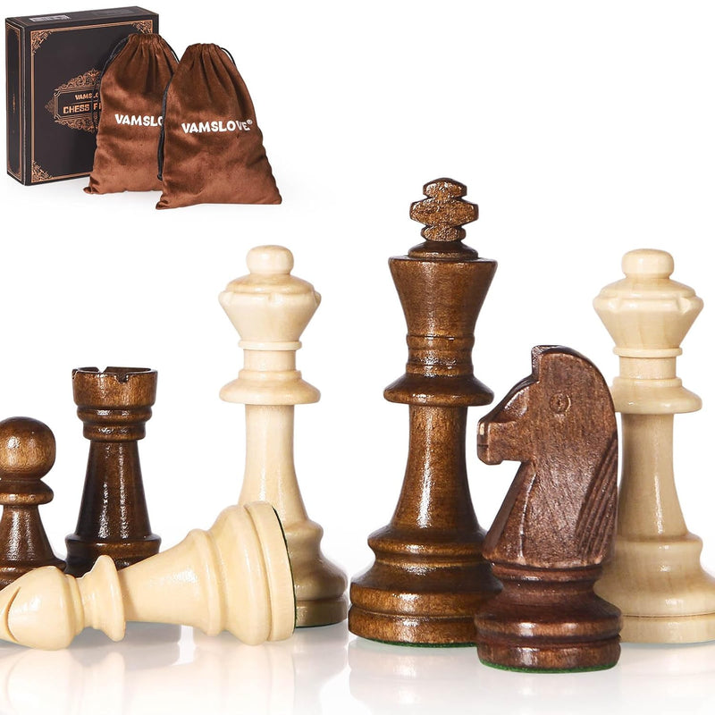 Wooden Heavy Weighted Chess Pieces Only 3.8'' King Extra 2 Queens 34 Wood T