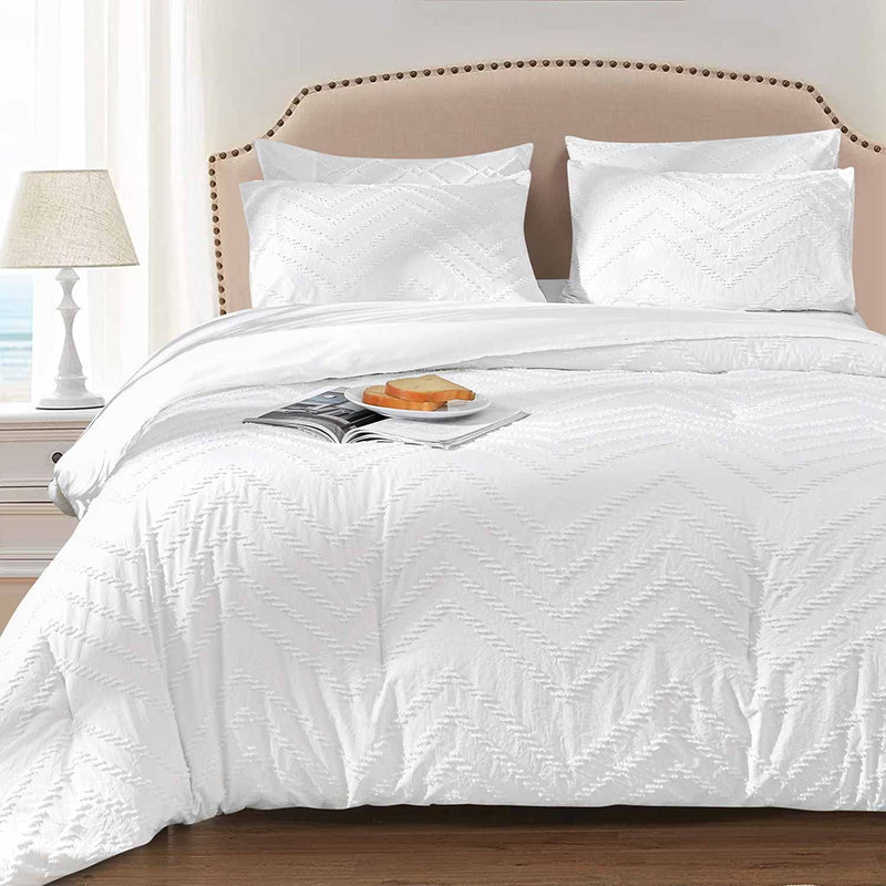 7Pc King Comforter Set With Sheets, White Tufted Boho Jacquard Soft Shabby Chi