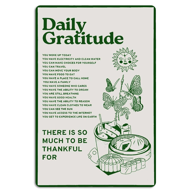 Daily Gratitude Inspirational Metal Tin Sign Green Boho Room Aesthetic Decorat