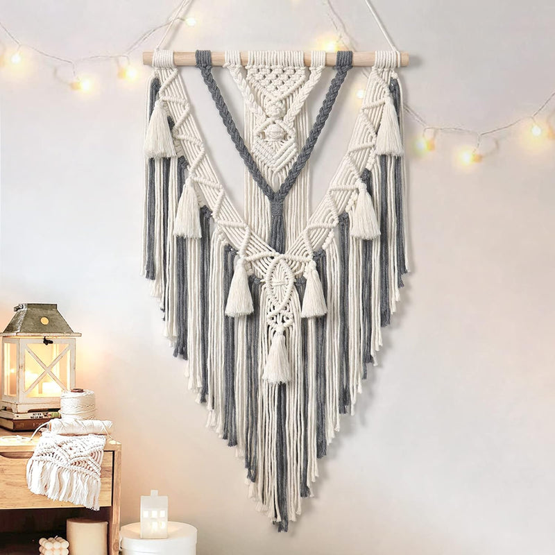 Macrame Woven Wall Hanging Boho Geometric Woven Tapestry Beige & Grey Cotton H