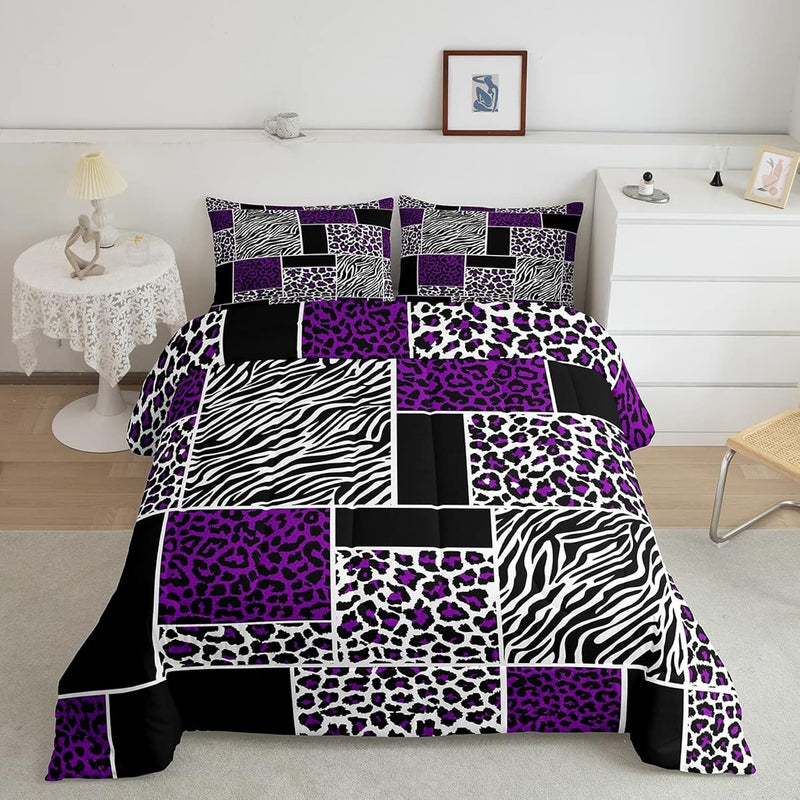 Geometric Plaid Patchwork Comforter Set Queen,Leopard Zebra Texture Bedding Se
